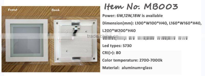 Good quality 6w glass ceiling square led panels for indoor use warm white glass panel
