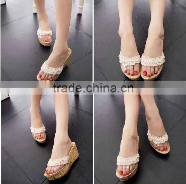 White Lace&PVC shoes women summer wedge heel slipper
