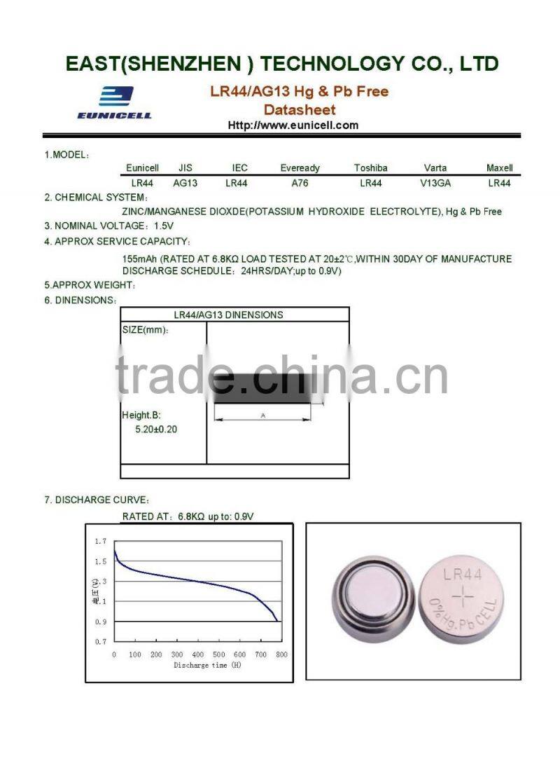 New Mercury free LR44 A76 AG13 SR1154 Alkaline Cell Coin Button Battery For Watch Calculator