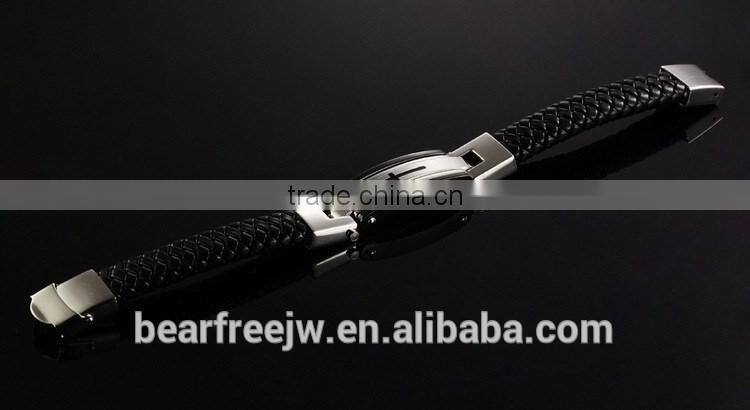 Fashion Solid Stainless Steel Cross Braide Leather Bangle Bracelet Men Jewelry