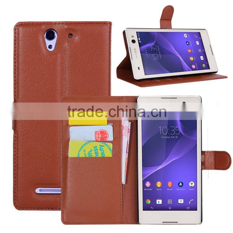 Litchi Pattern Soft Wallet Stand Leather Case For Sony Xperia C3