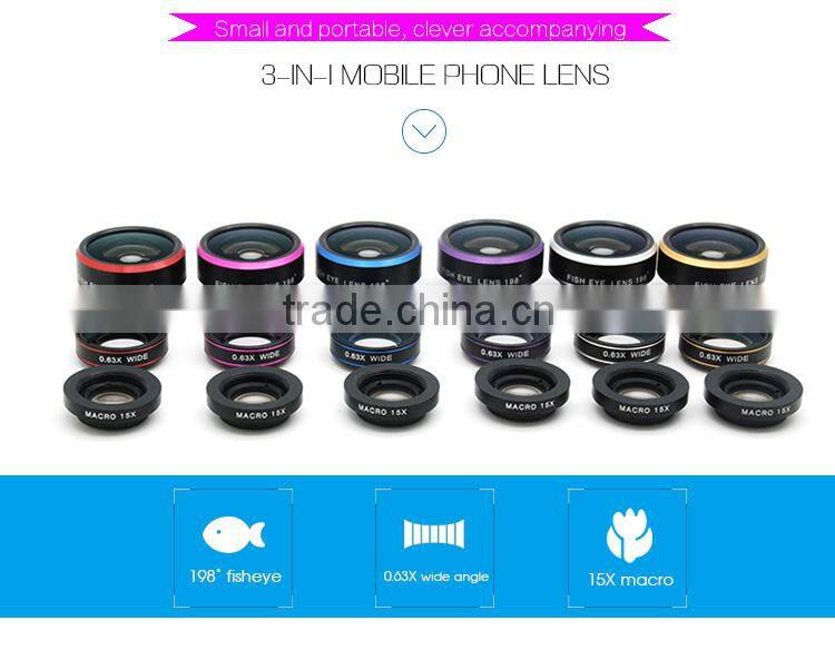 Christimas Gift 3 in1 Lens 198 Fisheye Lens Universal 0.63 Wide Angle 15 Micro Lens For iphone 5S 6S plus