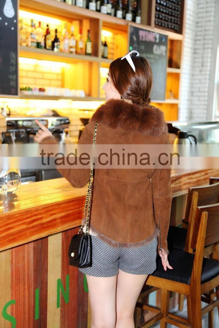 Fashion Design Double Face Shearing Lamb Fur Garment With Fox Fur Collar Detachable
