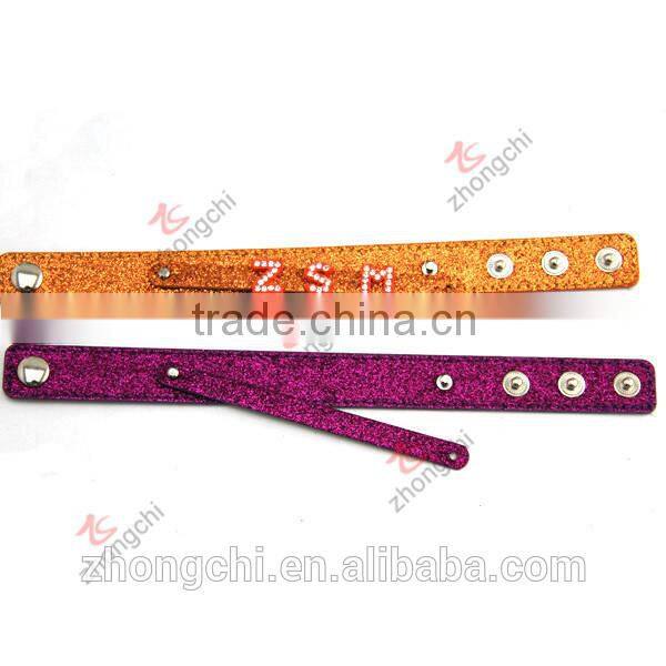 Wholesale purple, orange glitter leather bracelet, assorted slide charms diy leather bracelet