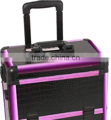 Black Makeup pro Rolling Trolley Case- Purple Trim, large storage & tray