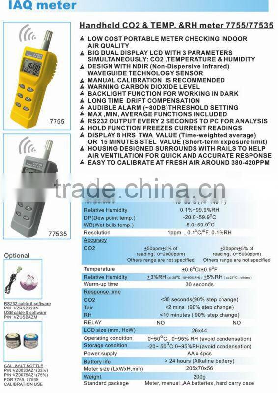 Handheld Carbon Dioxide CO2 Detector CO2/RH/Temperature Meter Alarm RS232 Output AZ77535