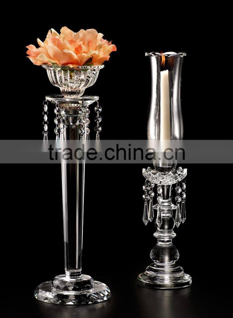 2016 new design crystal candle holder with hangings for wedding centerpieces