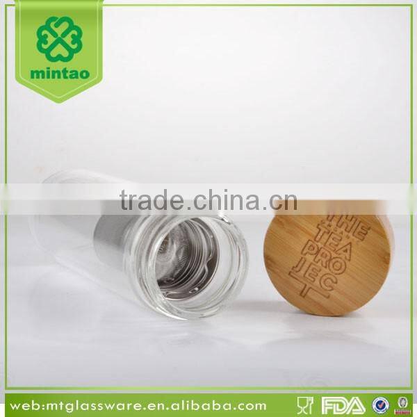 promotion 400ml custom braned double wall glass drink tea water bottles with bamboo lid