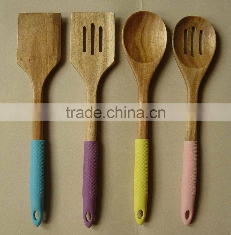 Wood Utensils 4-Pieces Set, Made of Acacia wood with Silicone sleeve Handle