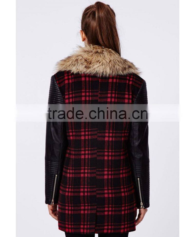 2014 New arrival cool fashion lady FAUX FUR LEATHER BIKER SLEEVE COAT