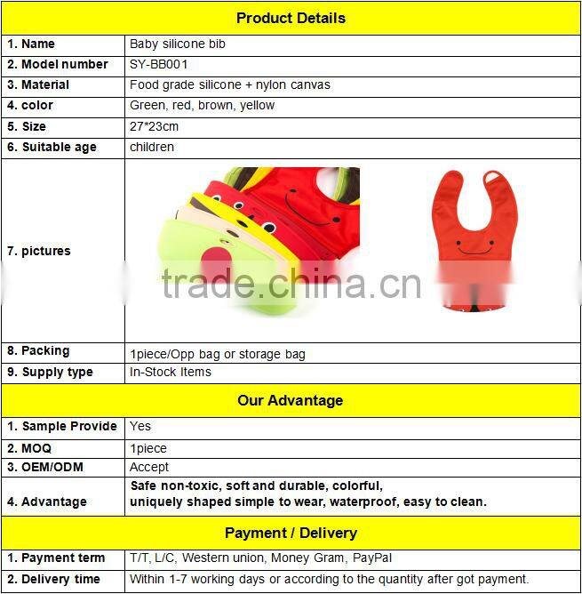 SHUOYANG Eco-friendly soft touch custom made silicone baby bib, baby bib silicone