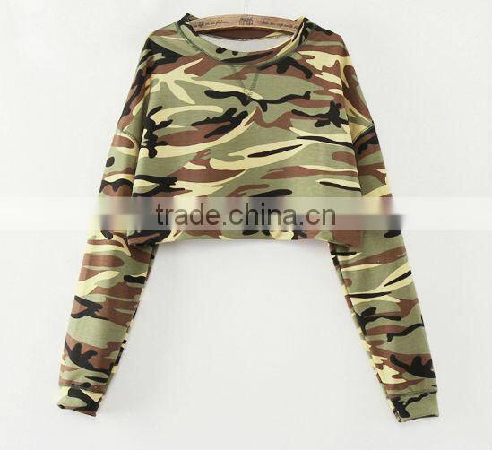 Women's custom full all over printing camo camouflage half sweatshirt crop top without hood