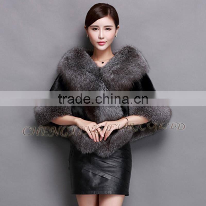 CX-B-M-05E Best Sell Wholesale Price Natural Fox Fur Trim Mink Fur Shawl