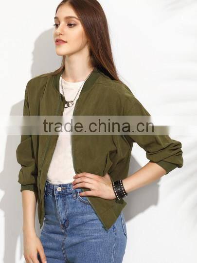 Olive Green Drop Shoulder ladies Bomber Jacket With Zip Pocket