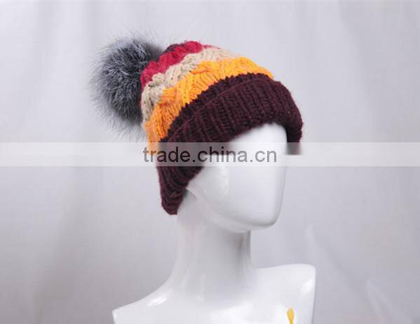 Winter warm knit cap Thick stick knitting mixed color winter hats for women beanies with fox fur poms