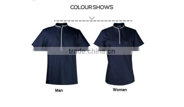 Juqian 2016 custom factory price latest stylish navy cheap short sleeve summer Unisex hotel staff uniform designs in China