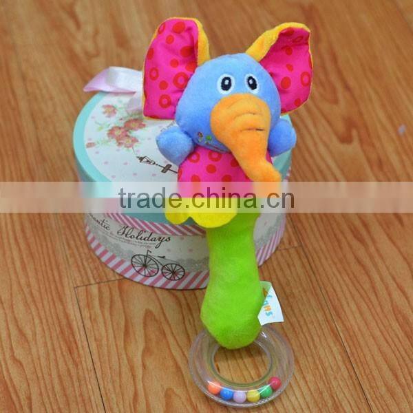 Cute animal rattle insert baby educational plush toys with ring in colorful beans
