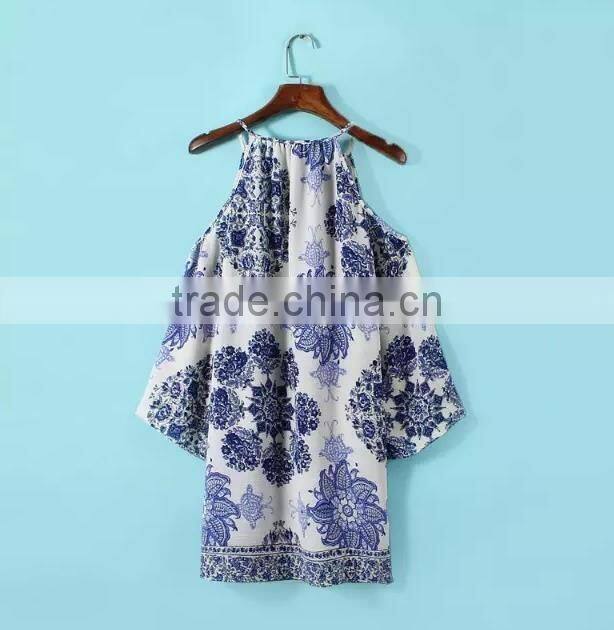 2017 new model summer dress women off shoulder straight loose blue and white porcelain printed dress