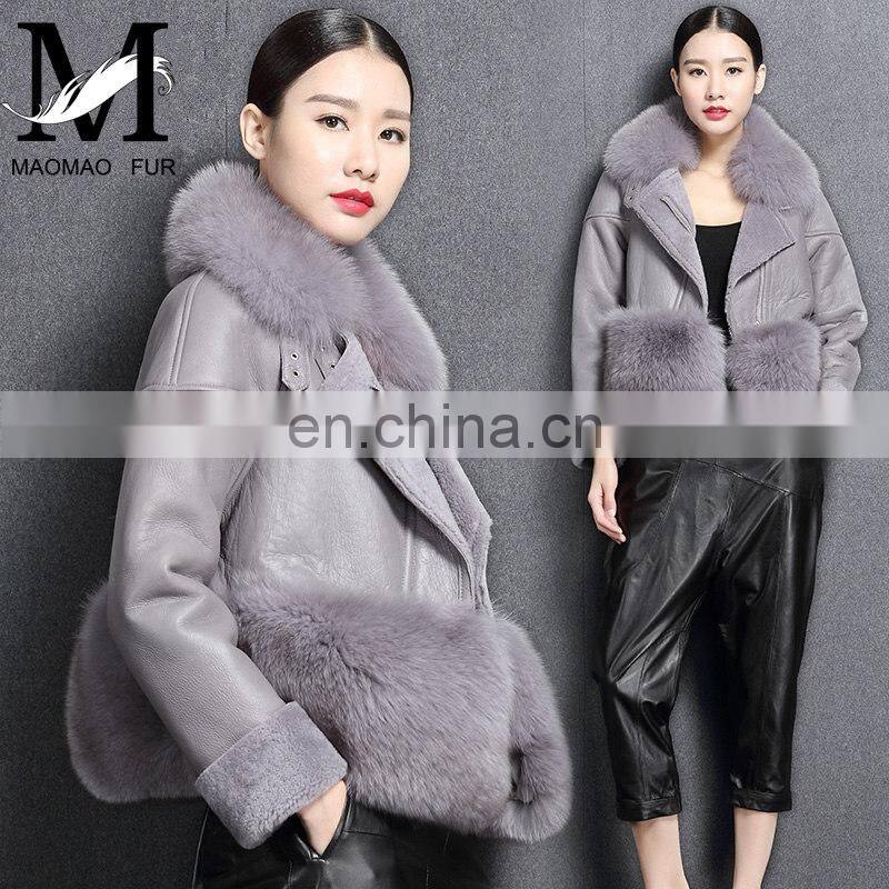 Winter Warm Fashion Real Large Raccoon Fur Collar Sheep Fur Coat / Genuine Merino Sheepskin Women's Leather Coat