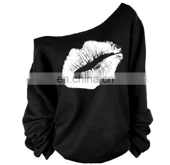 New Wholesale Women Lips Print Pullover One Shoulder Jumper Sweater Hoodie Sweatshirt Tops