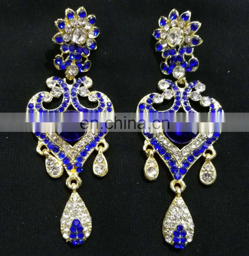 Innovative Designer Gold Plated Bollywood Style Kundan Earrings Set In dark Blue Color