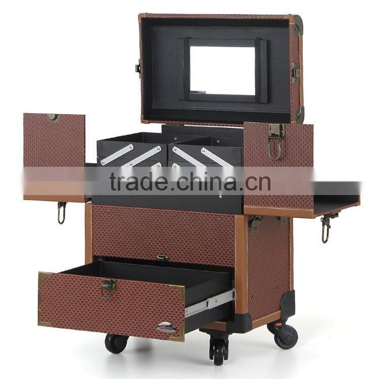 2016 newest design pvc beauty cosmetic makeup trolley case with mirror for beauty salon