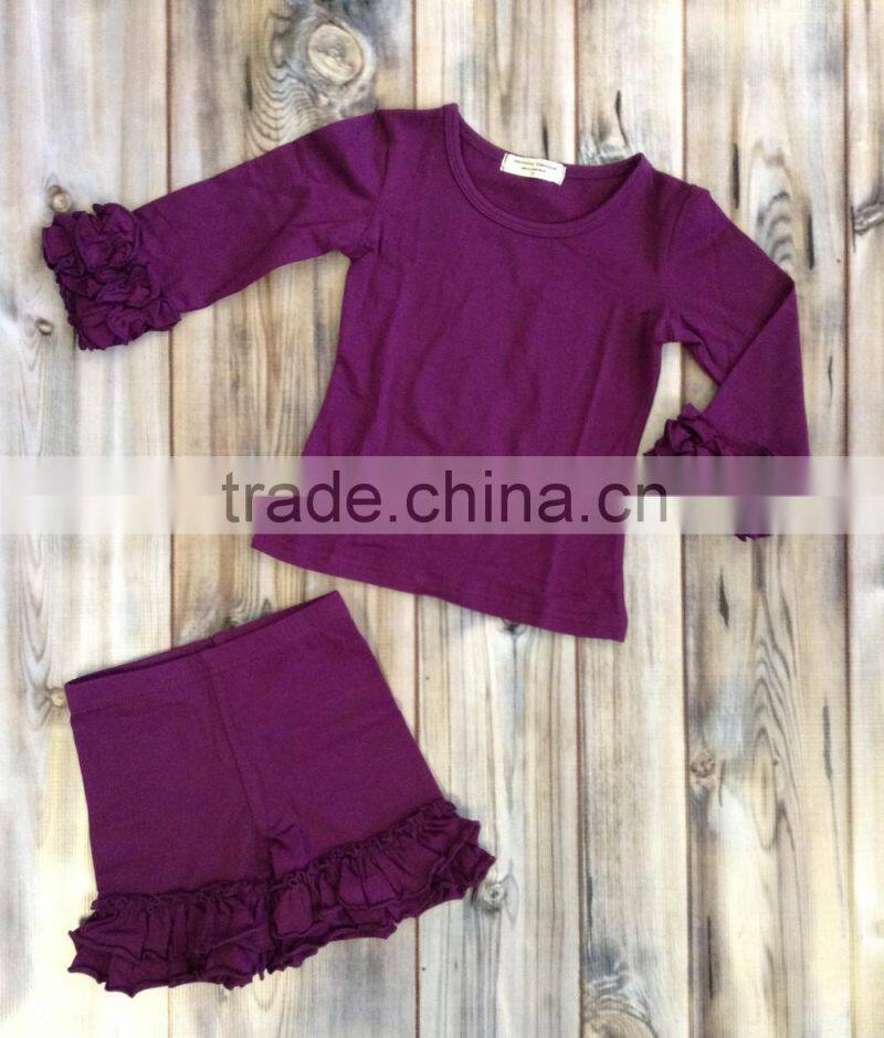 New design cute girls long sleeve shirts cotton,Double ruffle long sleeve shirts set,Purple shirts