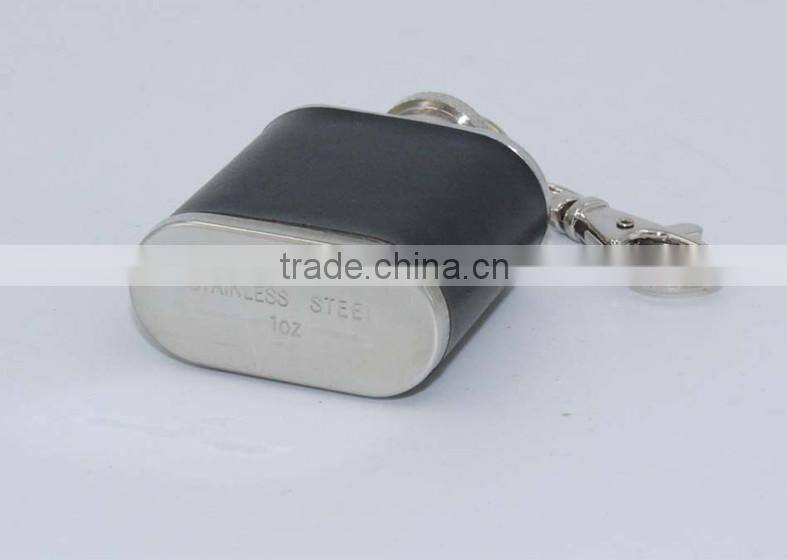 1oz Mini Stainless Steel Hip Flask Flagon with Keychain with leather sleeve