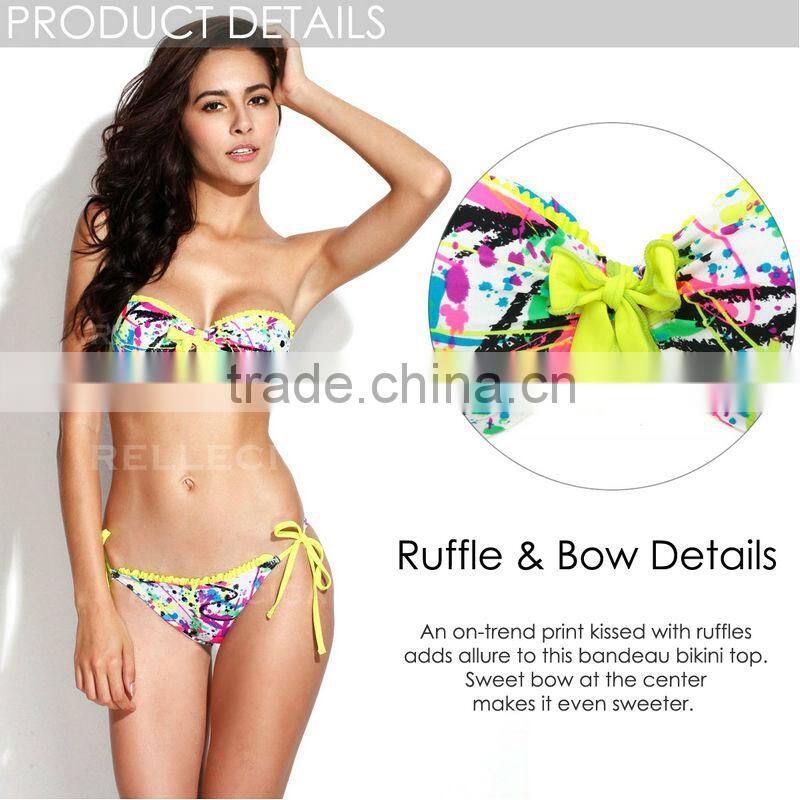 RELLECIGA 2016 Sexy Doodle Print Playful Ruffle Bandeau Bikini Swimwear