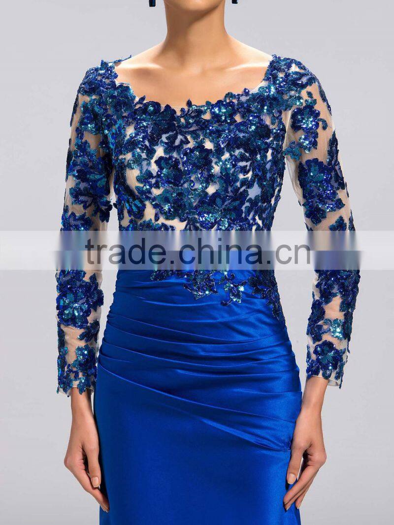 2015 Fashion Scoop Neck Sequin Appliques Long Sleeve Backless Satin Floor Length Mother of the Bride Dress (DVMD-2992)