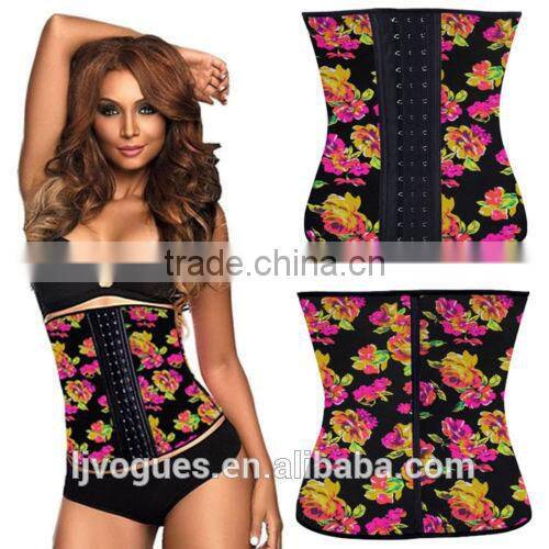 Floral Pattern Printing Latex Corset 9 Steel Bones Underbust Waist Cincher Front Open Training Bustier