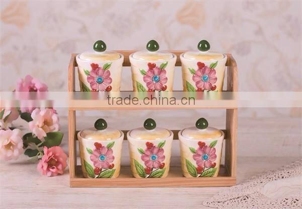 Fresh Decal Ceramic Kitchen Food Canisters Set with Wooden Stand