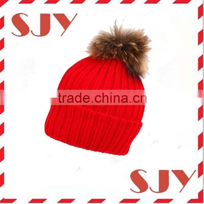 Real Large Raccoon Fur Ball Pom Pom Beanie Winter Hats
