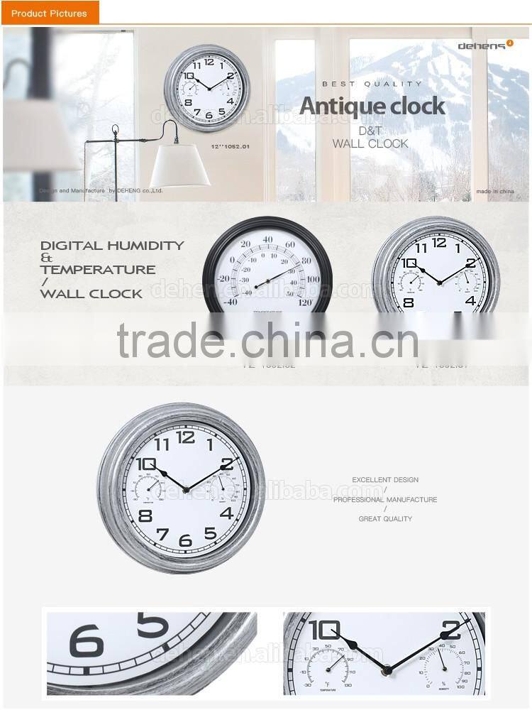 DEHENG 12'' antique plastic wall clock with thermometer/Hygrometer wholesale