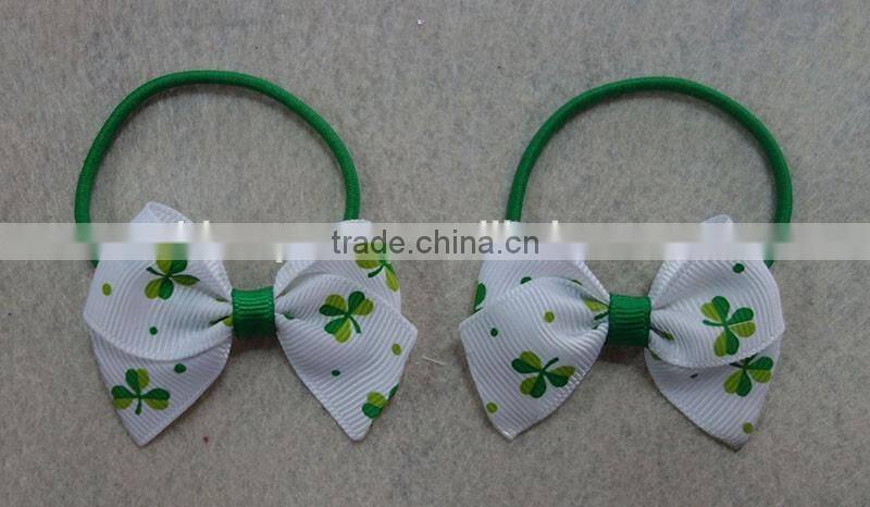 cute clover printed ribbon bow tie hair pony for st.patrick's day