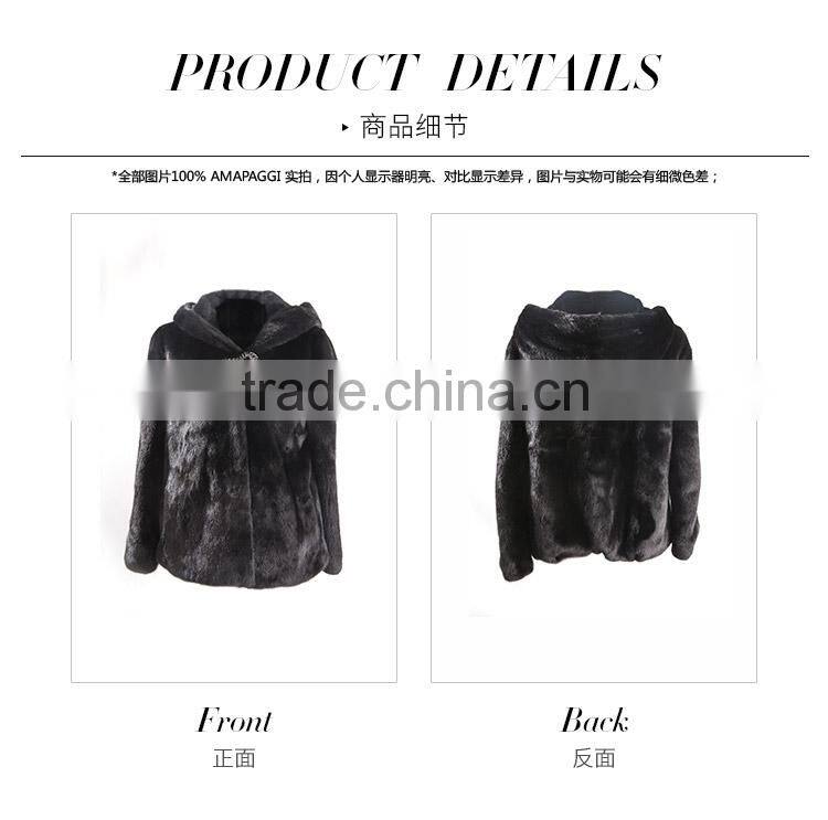 hot sale short black mink fur hooded coat for winter