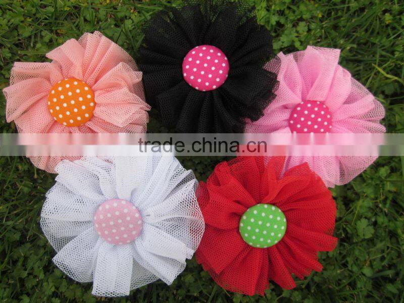 8cm Mesh Hair Flowers with Polka Dot Button in Center Hair Accessoreis