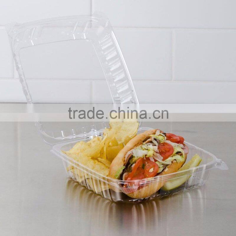 Plastic clamshell food/cake container, clear hinged lid