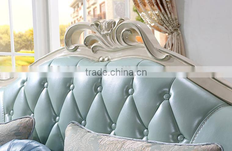 Fabric seat light blue genuine leather corner sofa set