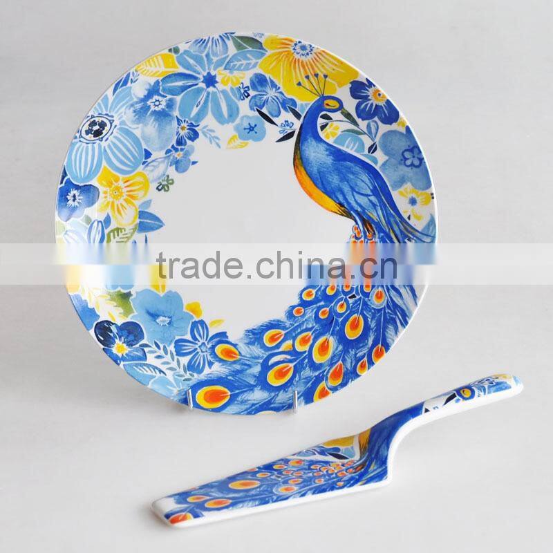 Round Shape Ceramic Cake Plate with Server with Beautiful Decal Printing