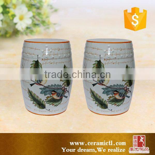 Flower and birds design white ceramic garden stool
