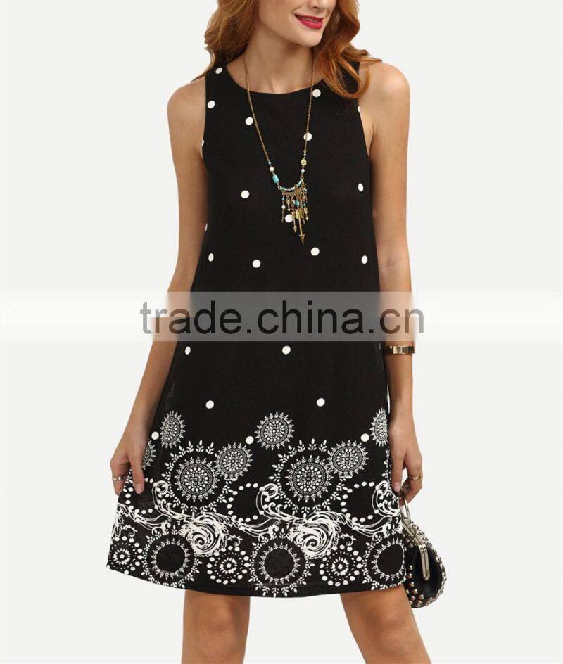 Casual Dresses For Women 2016 Summer Ladies Black Polka Dot Print Sleeveless Round Neck Short Shift Dress
