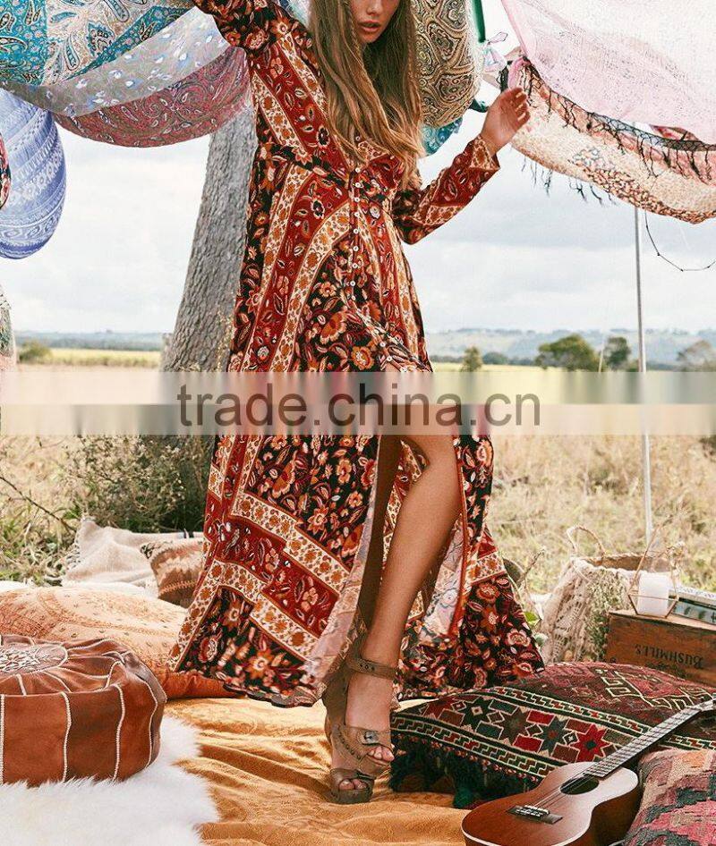 Bohemian Front Button Down Vintage Long Sleeve One Piece Maxi Dress HSd5170