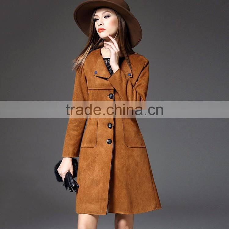 New arrival winter wear plain longline faux suede leather coat