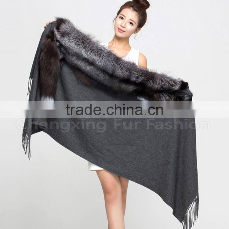 CX-B-P-53A Women Luxury Fox Fur Trim Pashmina Shawl