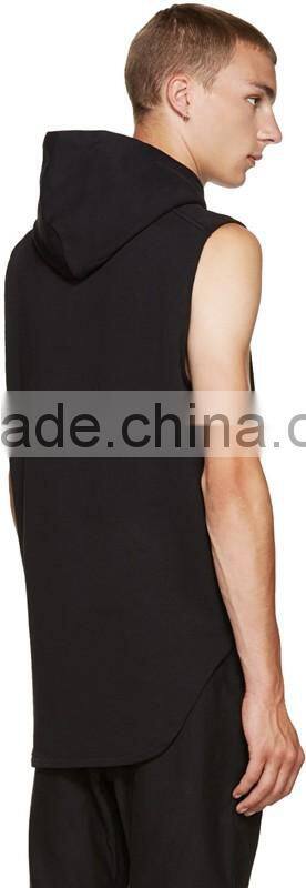 Sleeveless French terry vest hoodie Beige drawstring hood custom Embroidered logo Zipper at sides Shirt-tail hem