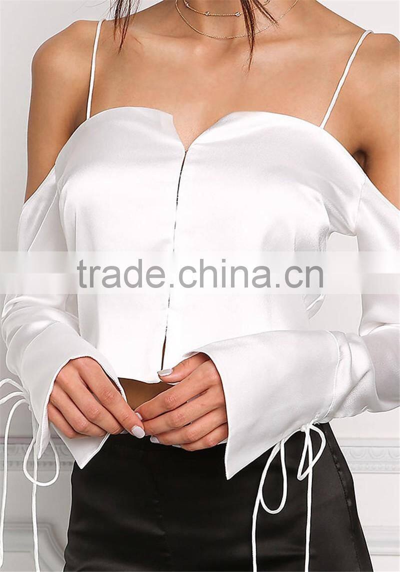 MGOO Manufacturer Custom Soft Satin Blouses Young Girl Sexy Crop Tops Off White Cold Shoulder Shirts