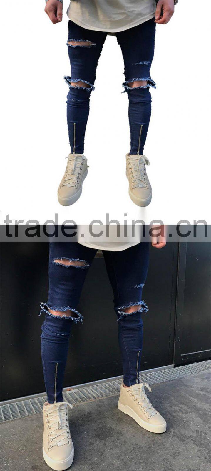 Custom male super skinny distressed moto biker denim pants men high stretch ripped trousers zipped tight ankle jeans 2017