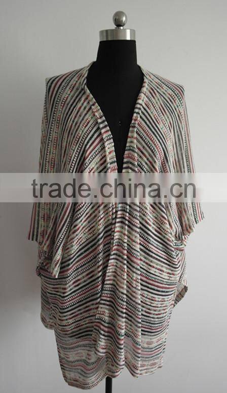 2014 Fashion ladies space dye stripe knitted poncho cardigan