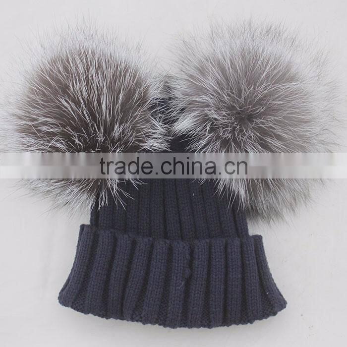 Myfur European Style Silver Fox Fur Big Pom Poms Wool Ribbed Knit Hat